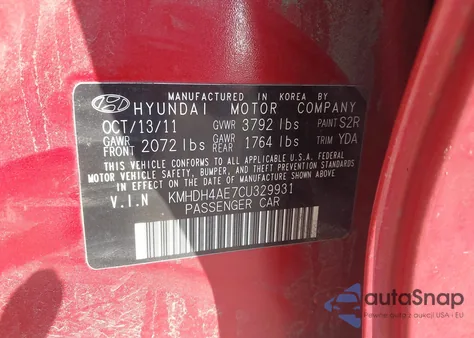 2012 Hyundai Elantra Gls (Ulsan Plant) from USA, damaged, VIN KMHDH4AE7CU329931
